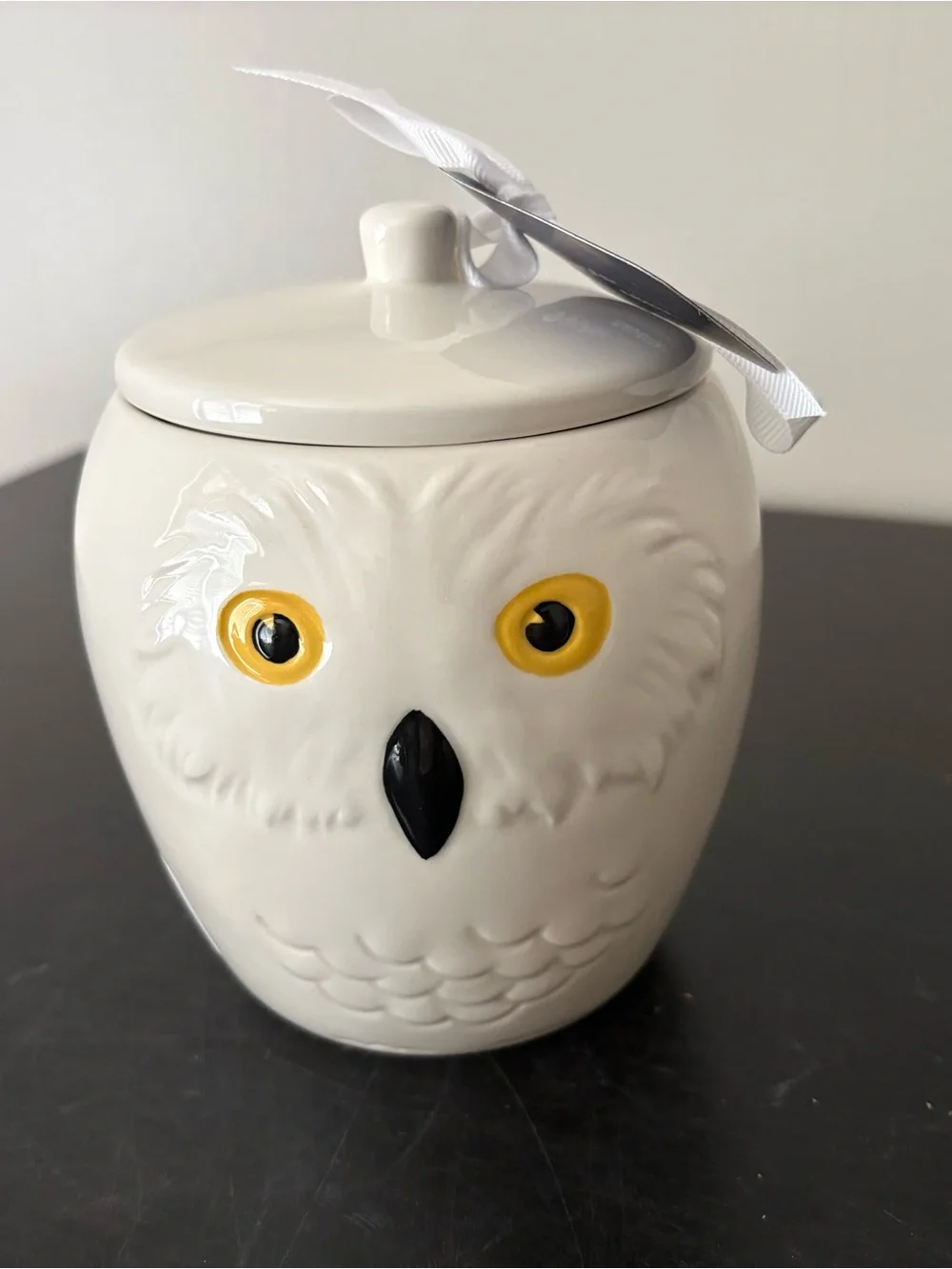 Rae Dunn Ceramic Owl Jar in White with Yellow Eyes and Black Beak